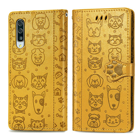 Funda de Cuero Cartera con Soporte Patron de Moda Carcasa S03D para Samsung Galaxy A50 Amarillo