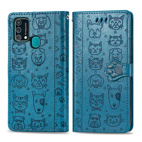 Funda de Cuero Cartera con Soporte Patron de Moda Carcasa S03D para Samsung Galaxy F41 Azul