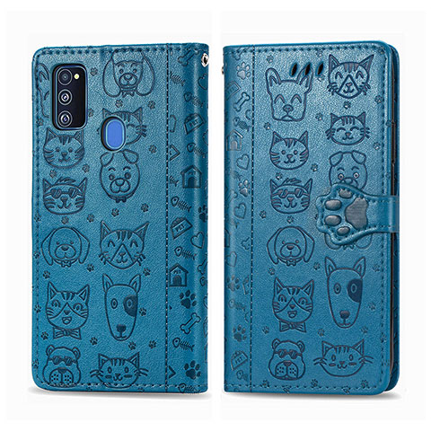 Funda de Cuero Cartera con Soporte Patron de Moda Carcasa S03D para Samsung Galaxy M21 Azul