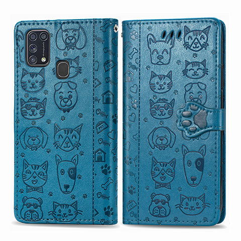 Funda de Cuero Cartera con Soporte Patron de Moda Carcasa S03D para Samsung Galaxy M31 Azul