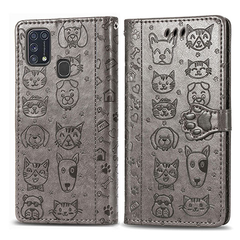 Funda de Cuero Cartera con Soporte Patron de Moda Carcasa S03D para Samsung Galaxy M31 Prime Edition Gris