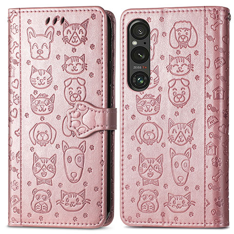 Funda de Cuero Cartera con Soporte Patron de Moda Carcasa S03D para Sony Xperia 1 V Oro Rosa