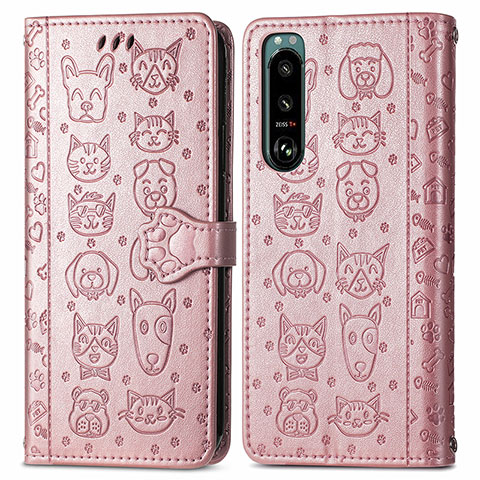 Funda de Cuero Cartera con Soporte Patron de Moda Carcasa S03D para Sony Xperia 5 III Oro Rosa