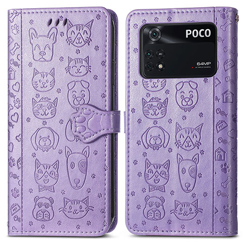 Funda de Cuero Cartera con Soporte Patron de Moda Carcasa S03D para Xiaomi Poco M4 Pro 4G Morado