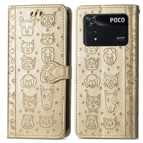 Funda de Cuero Cartera con Soporte Patron de Moda Carcasa S03D para Xiaomi Poco M4 Pro 4G Oro