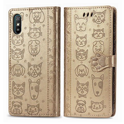 Funda de Cuero Cartera con Soporte Patron de Moda Carcasa S03D para Xiaomi Redmi 9A Oro