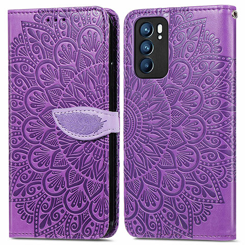 Funda de Cuero Cartera con Soporte Patron de Moda Carcasa S04D para Oppo Reno6 5G Morado