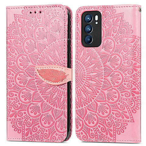 Funda de Cuero Cartera con Soporte Patron de Moda Carcasa S04D para Oppo Reno6 5G Oro Rosa