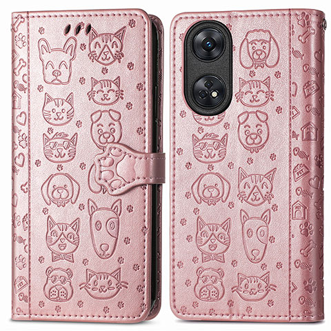 Funda de Cuero Cartera con Soporte Patron de Moda Carcasa S05D para Oppo Reno8 T 4G Oro Rosa