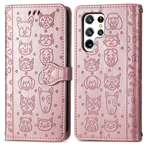 Funda de Cuero Cartera con Soporte Patron de Moda Carcasa S05D para Samsung Galaxy S23 Ultra 5G Rosa