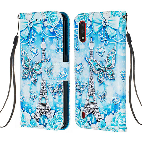 Funda de Cuero Cartera con Soporte Patron de Moda Carcasa Y02B para Samsung Galaxy A01 SM-A015 Azul Claro