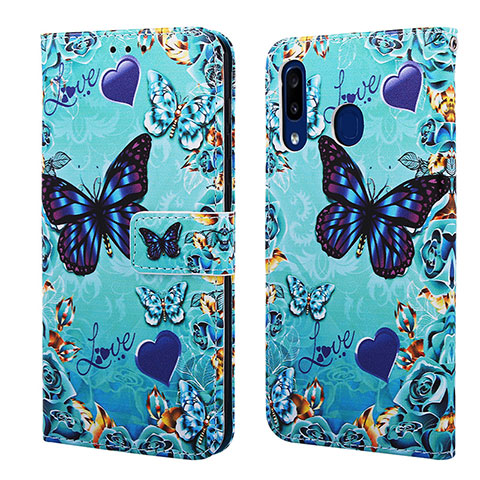 Funda de Cuero Cartera con Soporte Patron de Moda Carcasa Y02B para Samsung Galaxy A20 Azul Cielo