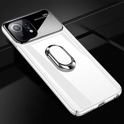 Funda Dura Plastico Rigida Carcasa Mate con Magnetico Anillo de dedo Soporte P01 para Xiaomi Mi 11 Lite 5G Blanco
