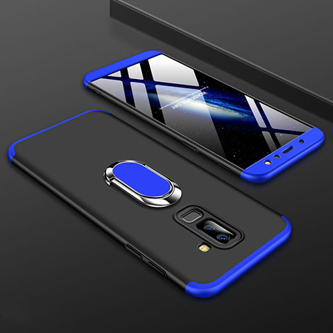 Funda Dura Plastico Rigida Carcasa Mate Frontal y Trasera 360 Grados con Anillo de dedo Soporte para Samsung Galaxy A6 Plus (2018) Azul y Negro