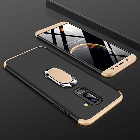 Funda Dura Plastico Rigida Carcasa Mate Frontal y Trasera 360 Grados con Anillo de dedo Soporte para Samsung Galaxy A9 Star Lite Oro y Negro