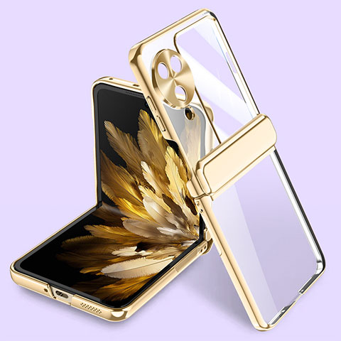 Funda Dura Plastico Rigida Carcasa Mate Frontal y Trasera 360 Grados GK2 para Oppo Find N3 Flip 5G Oro