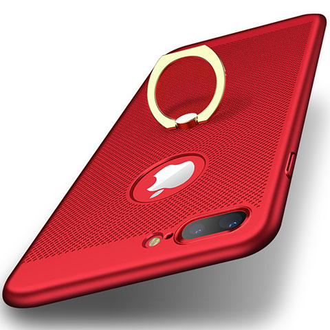 Funda Dura Plastico Rigida Perforada con Anillo de dedo Soporte para Apple iPhone 8 Plus Rojo