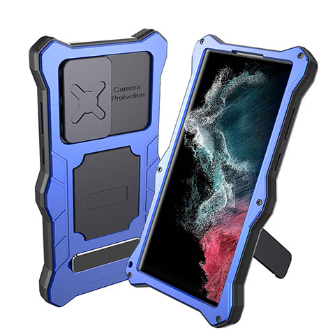 Funda Impermeable Bumper Silicona y Plastico Waterproof Carcasa 360 Grados con Soporte para Samsung Galaxy S23 Ultra 5G Azul