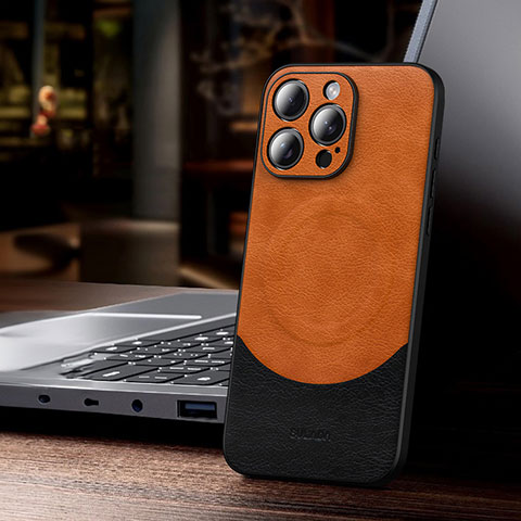 Funda Lujo Cuero Carcasa con Mag-Safe Magnetic LD4 para Apple iPhone 14 Pro Max Naranja