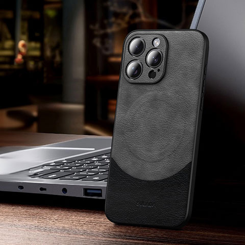 Funda Lujo Cuero Carcasa con Mag-Safe Magnetic LD4 para Apple iPhone 15 Pro Max Gris Oscuro