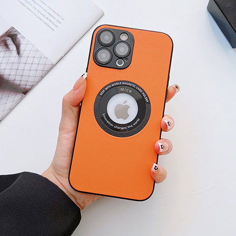 Funda Lujo Cuero Carcasa con Mag-Safe Magnetic QC3 para Apple iPhone 15 Pro Naranja