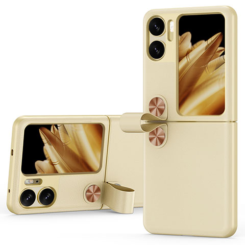 Funda Lujo Cuero Carcasa QK1 para Oppo Find N2 Flip 5G Oro