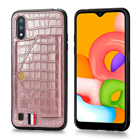 Funda Lujo Cuero Carcasa S01D para Samsung Galaxy A01 SM-A015 Oro Rosa