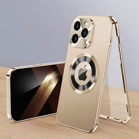 Funda Lujo Marco de Aluminio Carcasa 360 Grados con Mag-Safe Magnetic P01 para Apple iPhone 15 Pro Oro