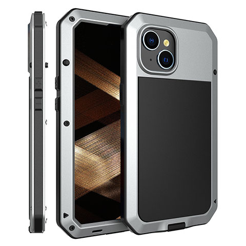 Funda Lujo Marco de Aluminio Carcasa 360 Grados HJ2 para Apple iPhone 15 Plata