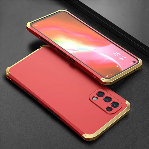 Funda Lujo Marco de Aluminio Carcasa 360 Grados M02 para Oppo Reno5 5G Oro y Rojo