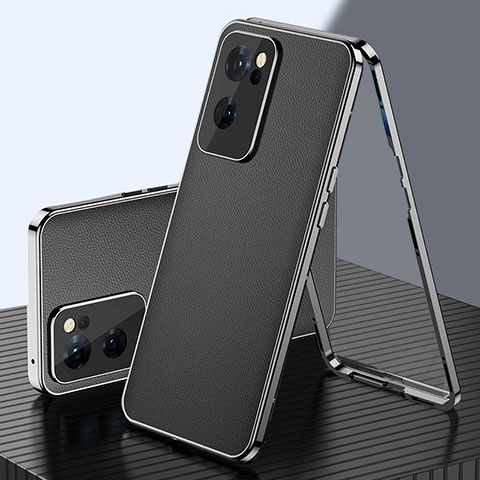 Funda Lujo Marco de Aluminio Carcasa 360 Grados P01 para Oppo Reno7 SE 5G Negro