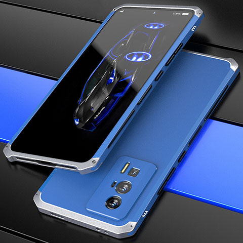 Funda Lujo Marco de Aluminio Carcasa 360 Grados P01 para Xiaomi Redmi K60 5G Plata y Azul