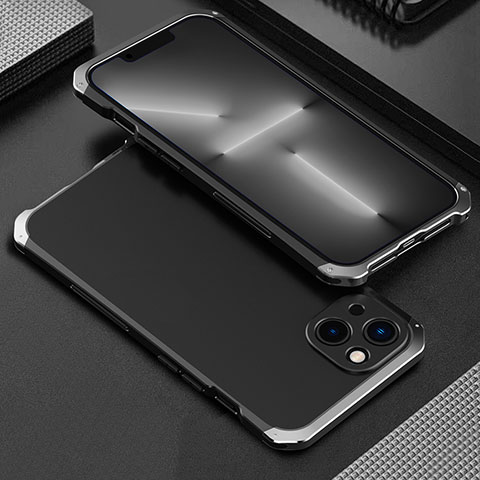 Funda Lujo Marco de Aluminio Carcasa 360 Grados para Apple iPhone 13 Plata y Negro