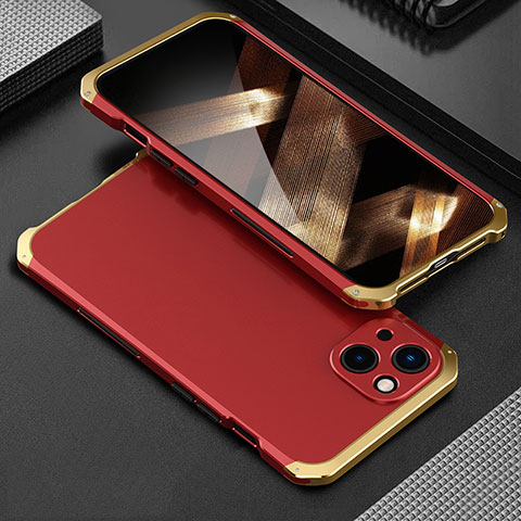 Funda Lujo Marco de Aluminio Carcasa 360 Grados para Apple iPhone 15 Plus Oro y Rojo