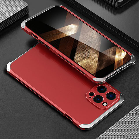 Funda Lujo Marco de Aluminio Carcasa 360 Grados para Apple iPhone 16 Pro Plata y Rojo