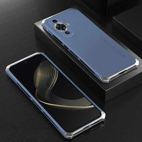 Funda Lujo Marco de Aluminio Carcasa 360 Grados para Huawei Nova 11 Plata y Azul