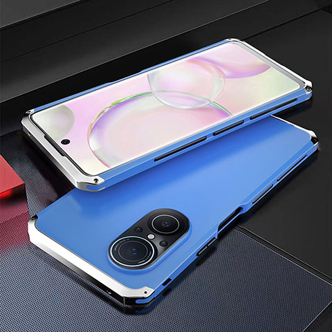 Funda Lujo Marco de Aluminio Carcasa 360 Grados para Huawei Nova 9 SE Plata y Azul