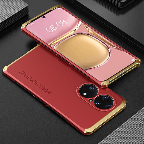 Funda Lujo Marco de Aluminio Carcasa 360 Grados para Huawei P50 Oro y Rojo