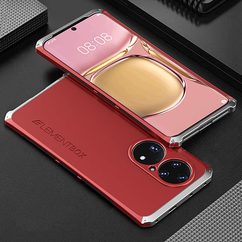 Funda Lujo Marco de Aluminio Carcasa 360 Grados para Huawei P50 Plata y Rojo