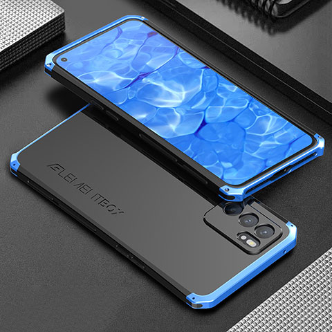 Funda Lujo Marco de Aluminio Carcasa 360 Grados para Oppo Reno6 5G Azul y Negro