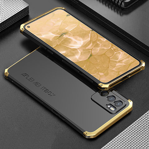 Funda Lujo Marco de Aluminio Carcasa 360 Grados para Oppo Reno6 5G Oro y Negro