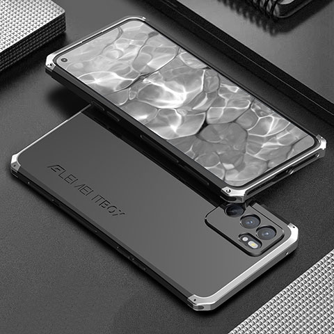 Funda Lujo Marco de Aluminio Carcasa 360 Grados para Oppo Reno6 5G Plata y Negro