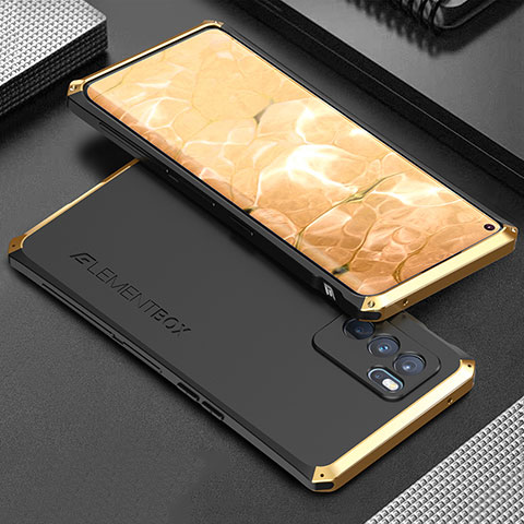 Funda Lujo Marco de Aluminio Carcasa 360 Grados para Oppo Reno6 Pro 5G India Oro y Negro