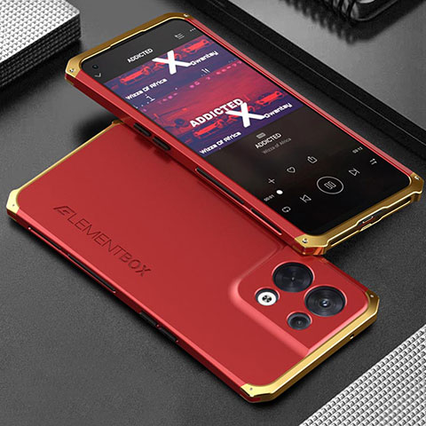 Funda Lujo Marco de Aluminio Carcasa 360 Grados para Oppo Reno8 5G Oro y Rojo