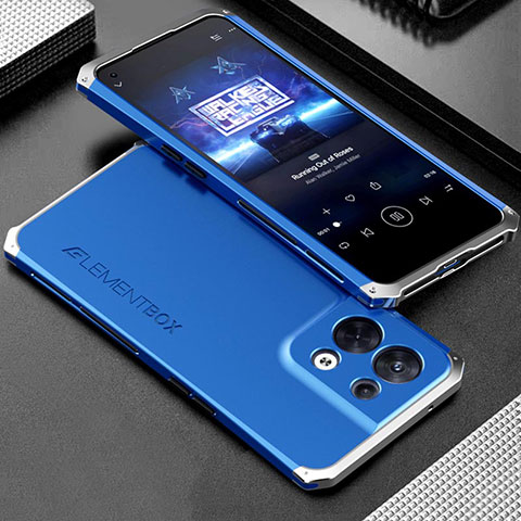 Funda Lujo Marco de Aluminio Carcasa 360 Grados para Oppo Reno9 Pro 5G Plata y Azul