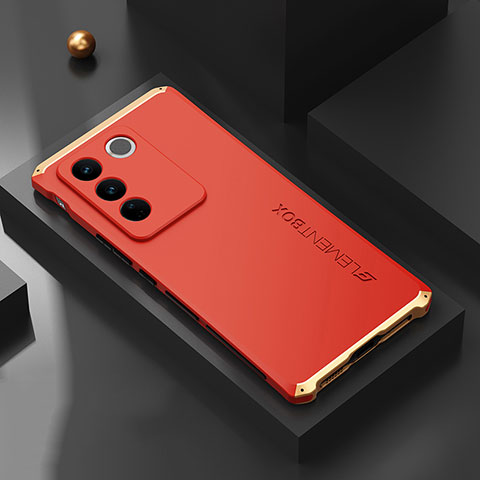 Funda Lujo Marco de Aluminio Carcasa 360 Grados para Vivo V27 5G Oro y Rojo