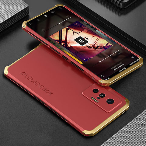 Funda Lujo Marco de Aluminio Carcasa 360 Grados para Vivo X70t Oro y Rojo