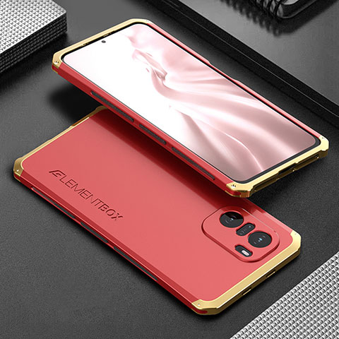 Funda Lujo Marco de Aluminio Carcasa 360 Grados para Xiaomi Poco F3 5G Oro y Rojo