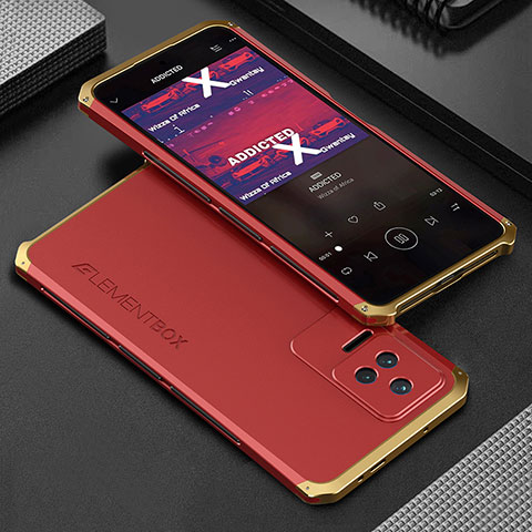 Funda Lujo Marco de Aluminio Carcasa 360 Grados para Xiaomi Poco F4 5G Oro y Rojo