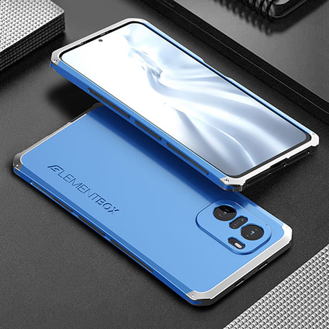 Funda Lujo Marco de Aluminio Carcasa 360 Grados para Xiaomi Redmi K40 5G Plata y Azul